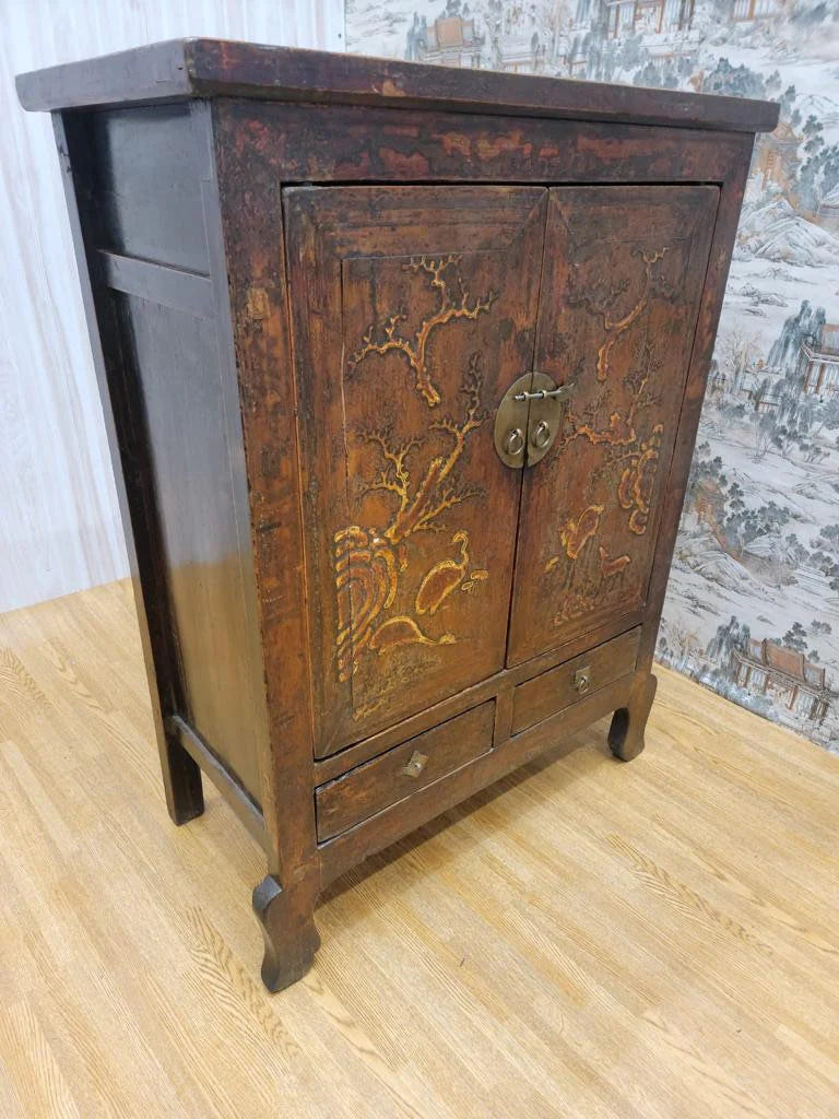 Antique Shanxi Province Elmwood Lacquered Cabinet with Painting on Doors