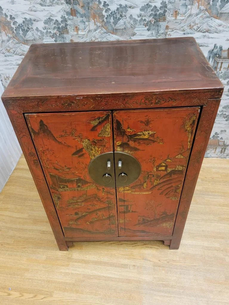 Vintage Shanxi Province Red Lacquer Chinoiserie Cabinet: A Treasure of Traditional Craftsmanship