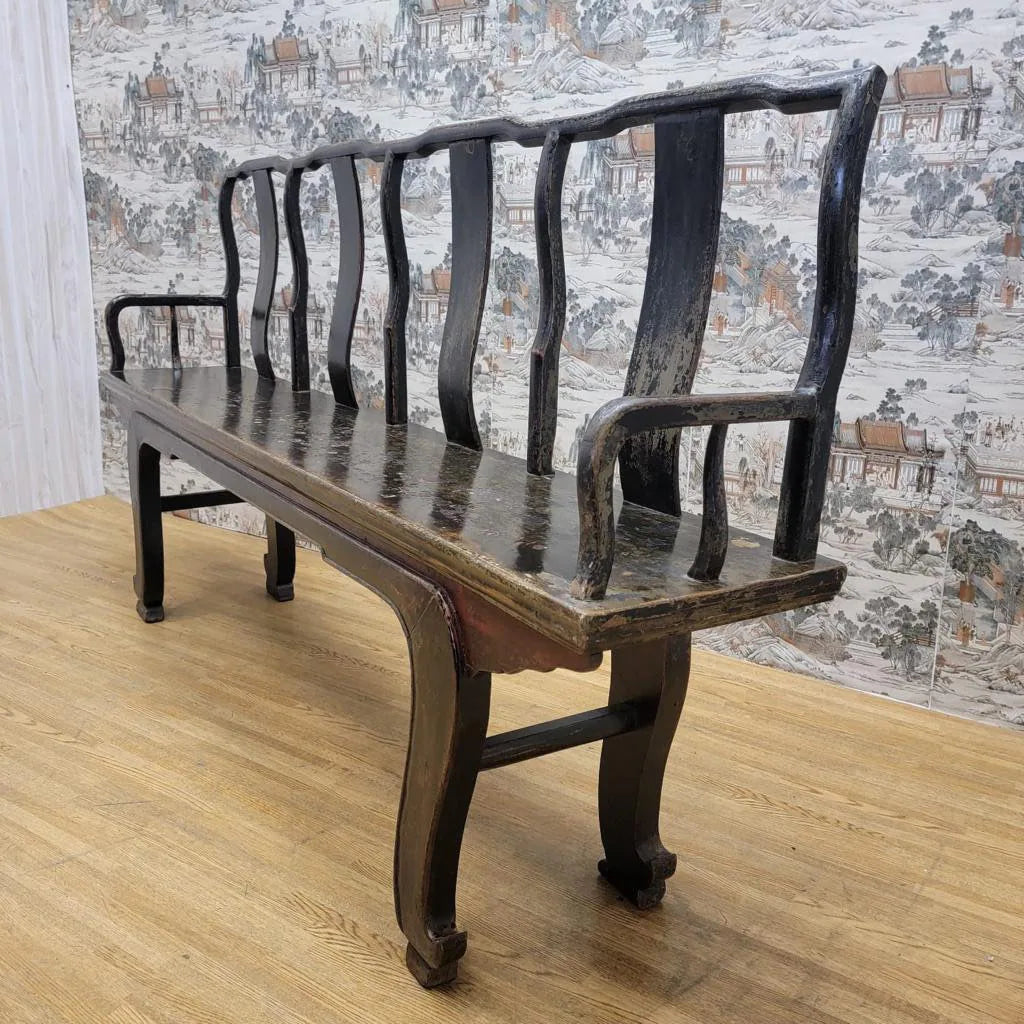 Handcrafted Vintage Shanxi Province Elm Bench Featuring Rare Top Hat Court Official Carving
