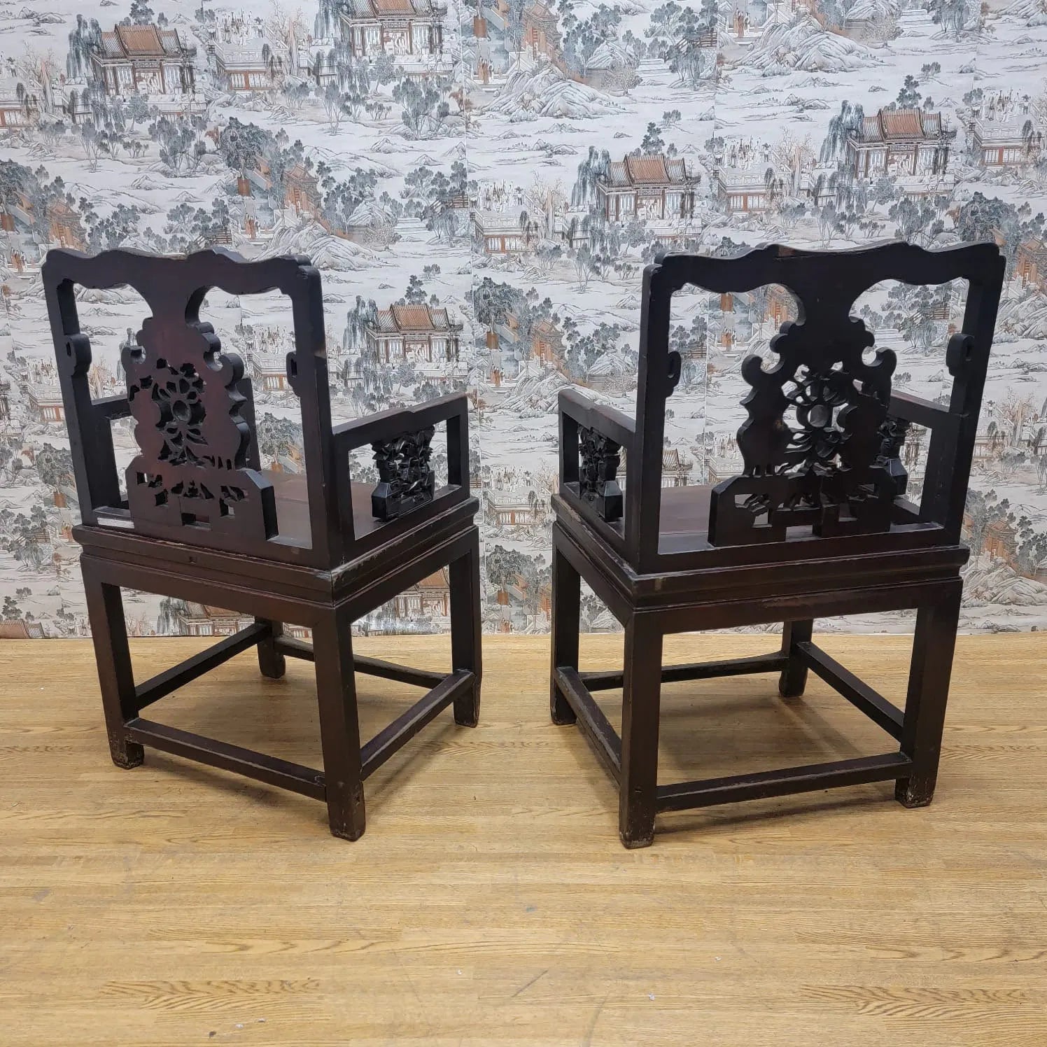 Exquisite Pair of Custom-Made Shanxi Province Hand Carved Elm Wood Top Hat Seats