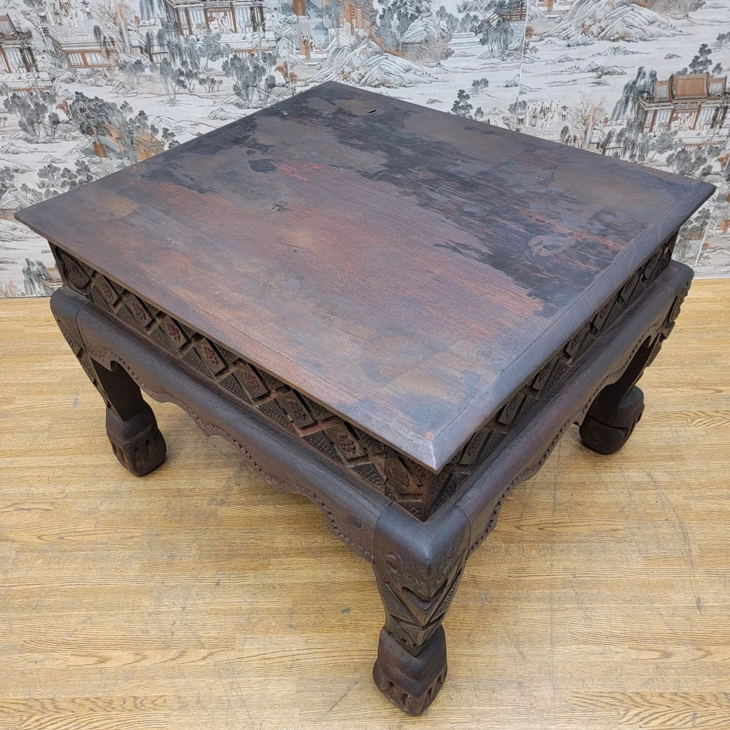 Antique East Indian Teak Wood Square Side Table with Carved Legs and Apron