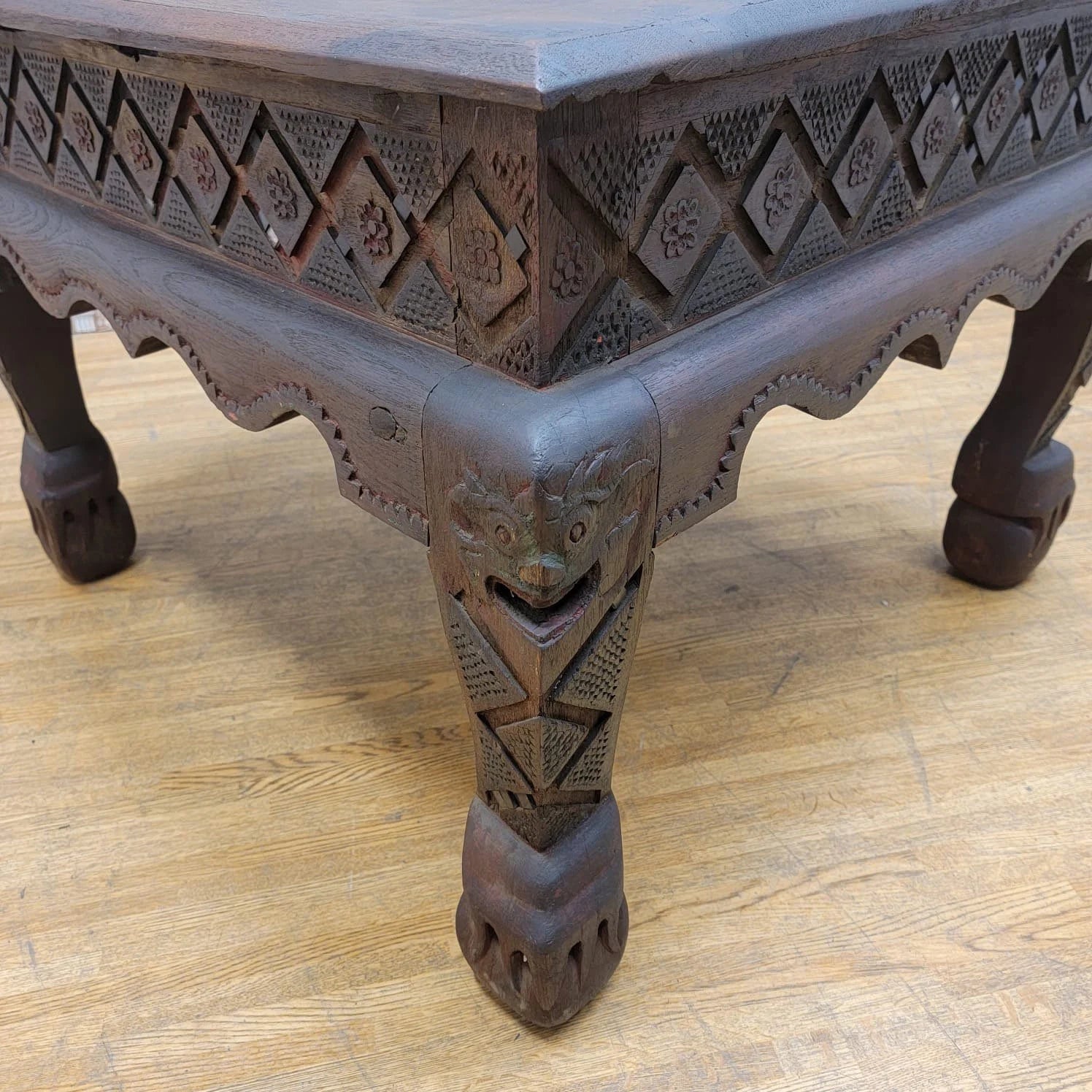 Antique East Indian Teak Wood Square Side Table with Carved Legs and Apron