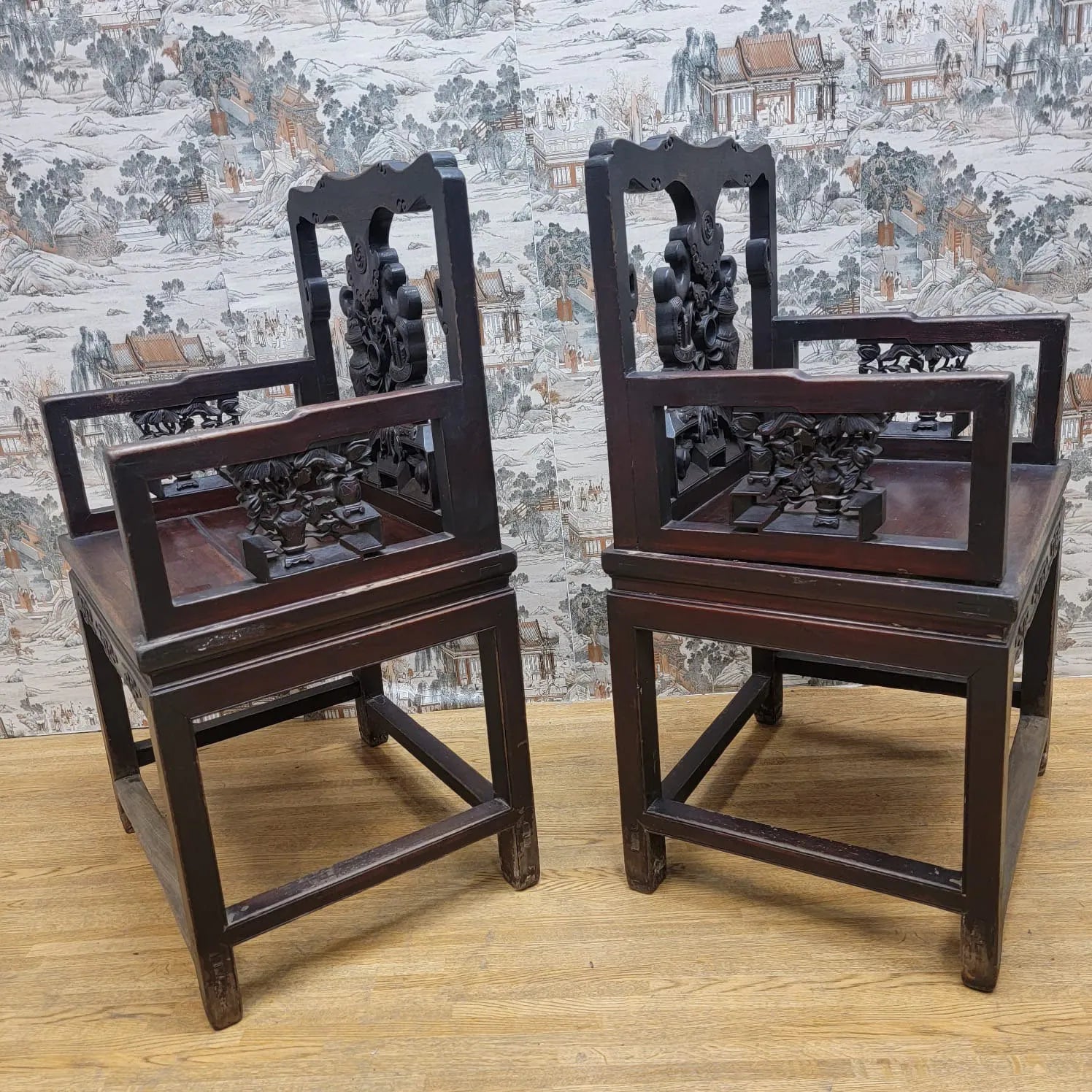 Exquisite Pair of Custom-Made Shanxi Province Hand Carved Elm Wood Top Hat Seats