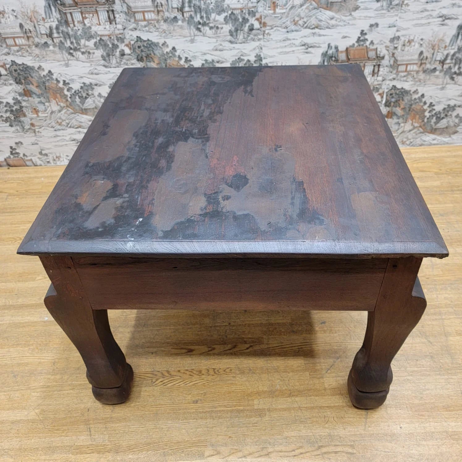 Antique East Indian Teak Wood Square Side Table with Carved Legs and Apron