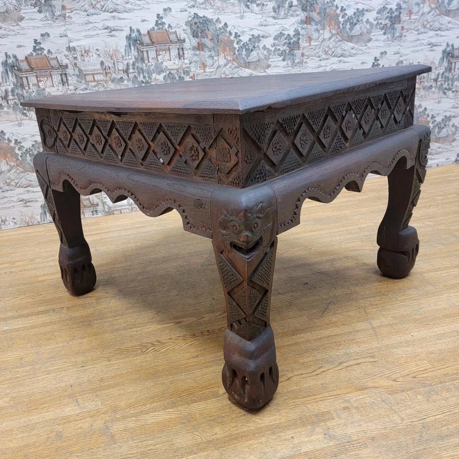 Antique East Indian Teak Wood Square Side Table with Carved Legs and Apron