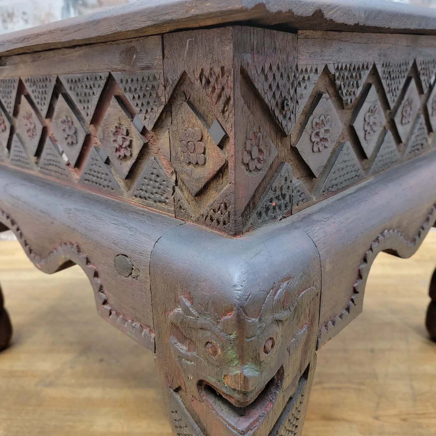 Antique East Indian Teak Wood Square Side Table with Carved Legs and Apron