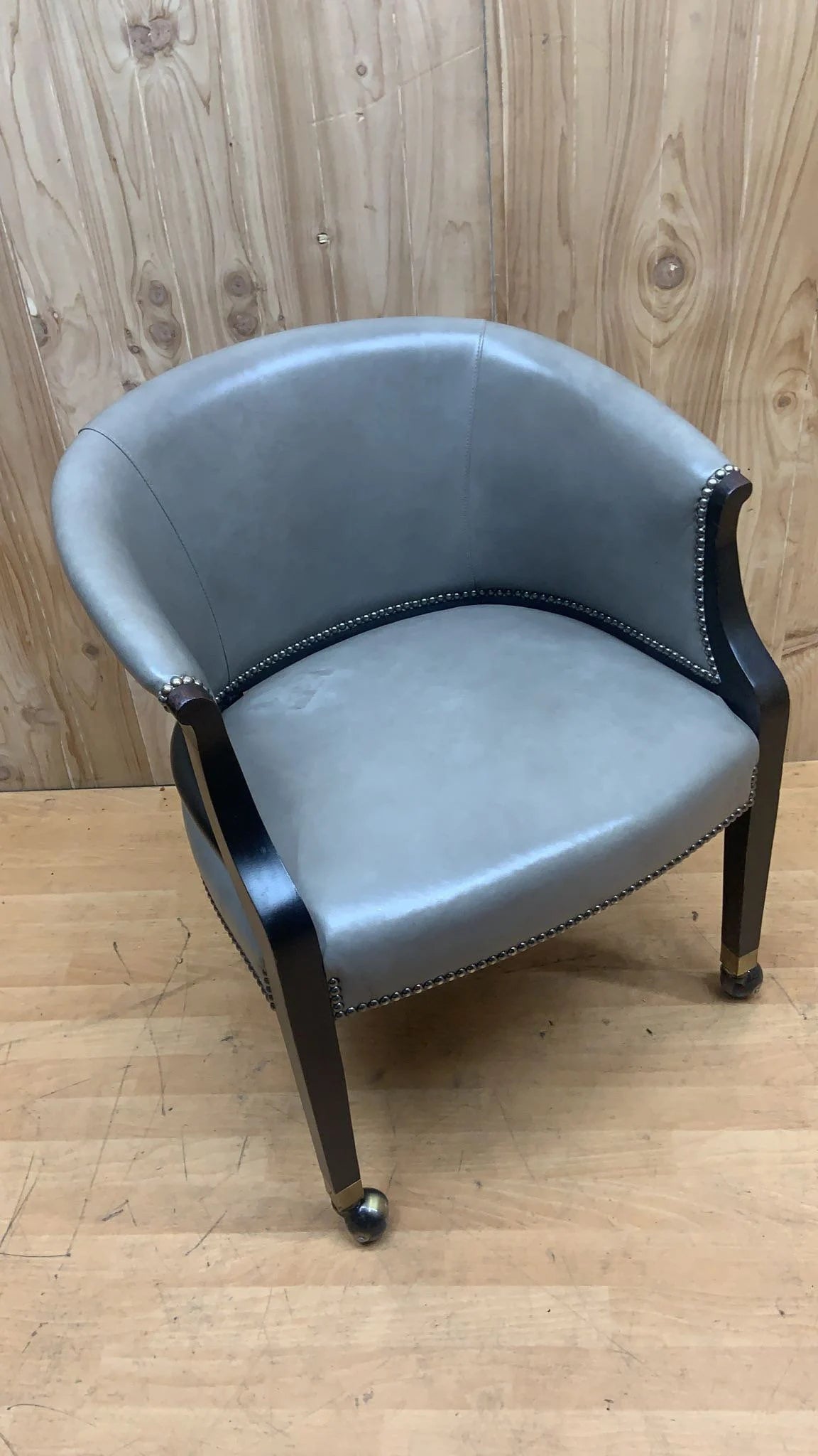 Classic Vintage Castered Barrel Back Side-Chair  w/ Grey Ebonized Frame Upholstered in Original Full Grain Grey Leather by Hickory Chair