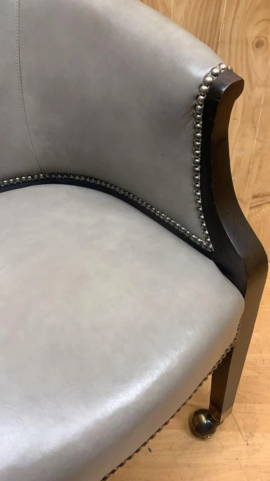 Classic Vintage Castered Barrel Back Side-Chair  w/ Grey Ebonized Frame Upholstered in Original Full Grain Grey Leather by Hickory Chair