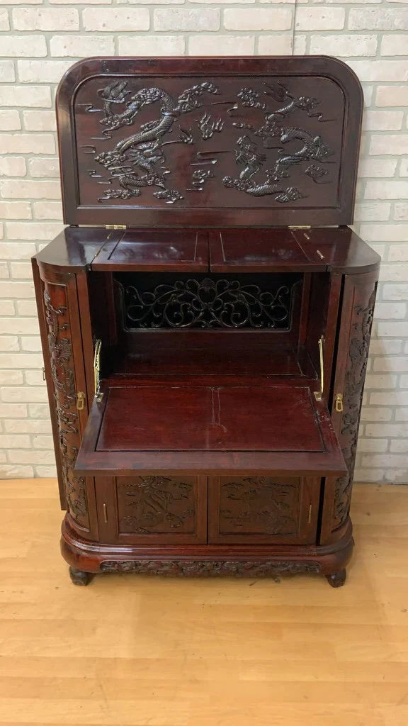 Mid Century Modern Carved Ornate Chinese Rosewood Flip Top Dry Bar Cabinet