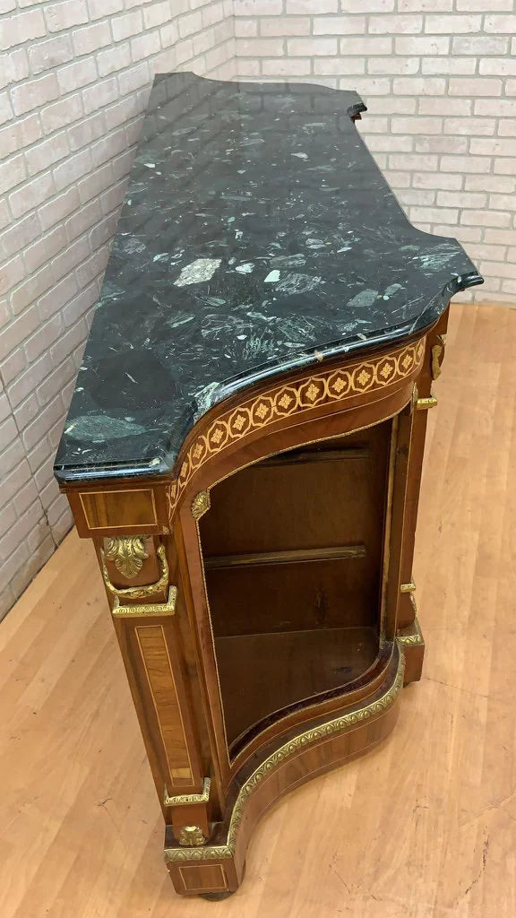 Vintage French Louis XVI Style Inlaid Serpentine Marble Top Credenza