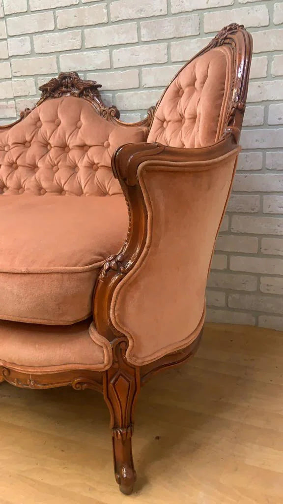 Antique Victorian French Provincial Bird Motif Mahogany Tufted Settee in Original Blush Velvet