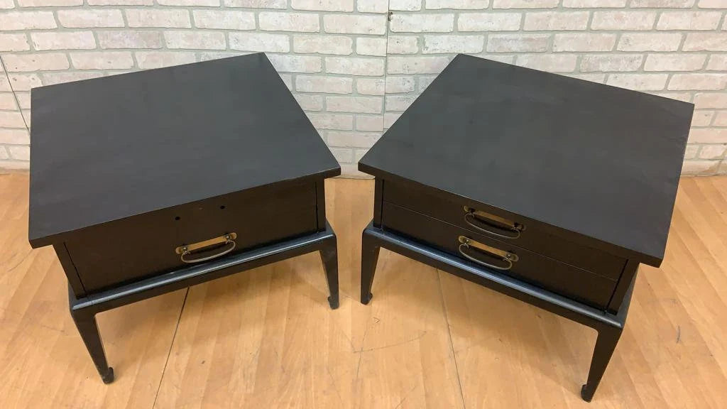 American Of Martinsville Chinoiserie Style Ebonized Wood Brass Hardware 2 Drawer End Tables - Pair