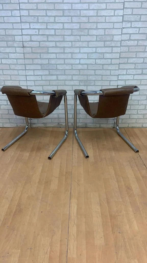 Mid Century Modern Cantilevered Zermatt Sculptural Sling Chairs by Vecta Group in Brown