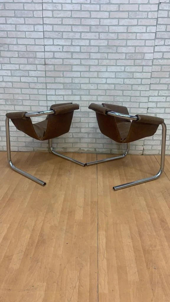 Mid Century Modern Cantilevered Zermatt Sculptural Sling Chairs by Vecta Group in Brown