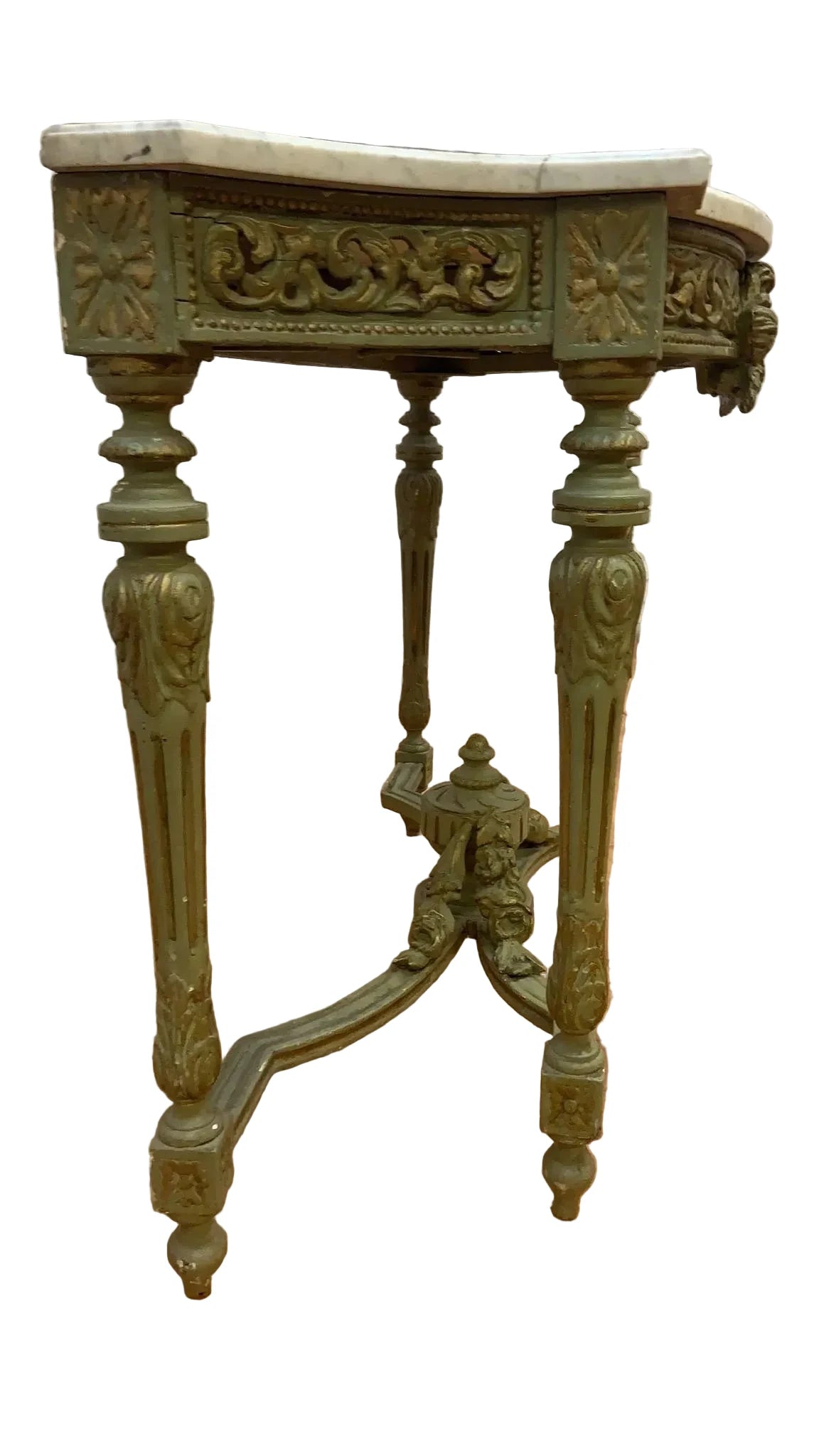 HOLD - Vintage Opulent French Neoclassical Green Painted Console Marble Top