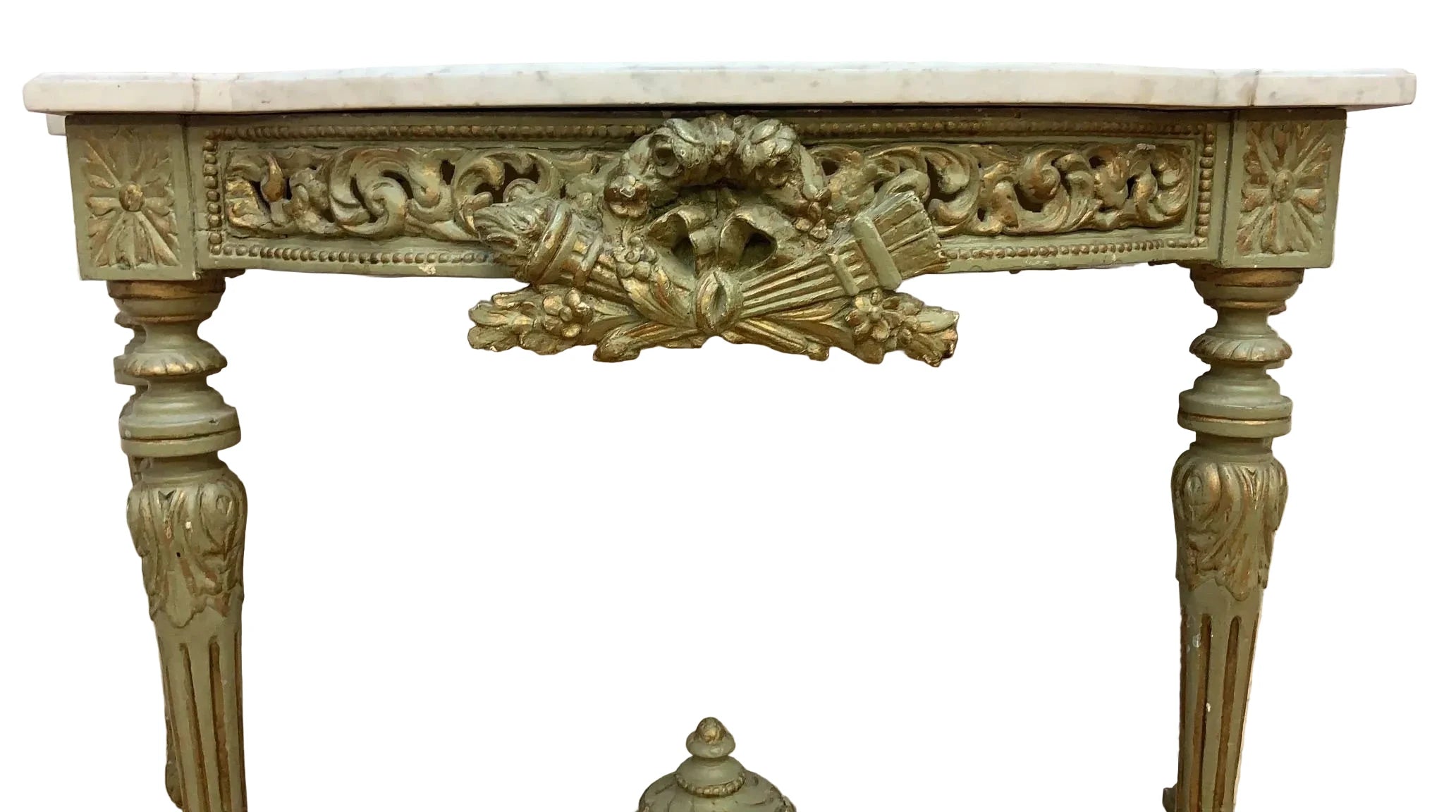 HOLD - Vintage Opulent French Neoclassical Green Painted Console Marble Top