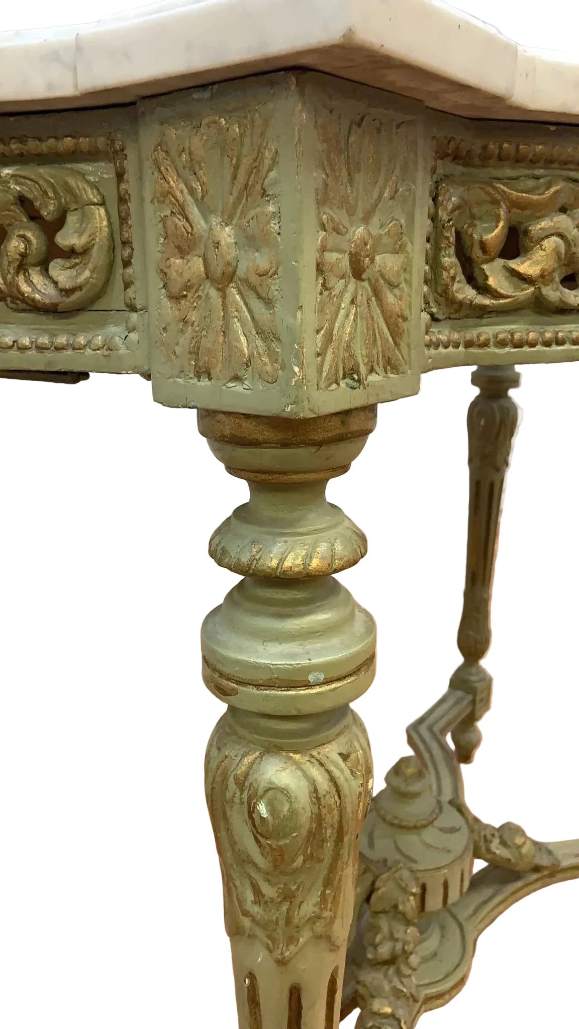 HOLD - Vintage Opulent French Neoclassical Green Painted Console Marble Top