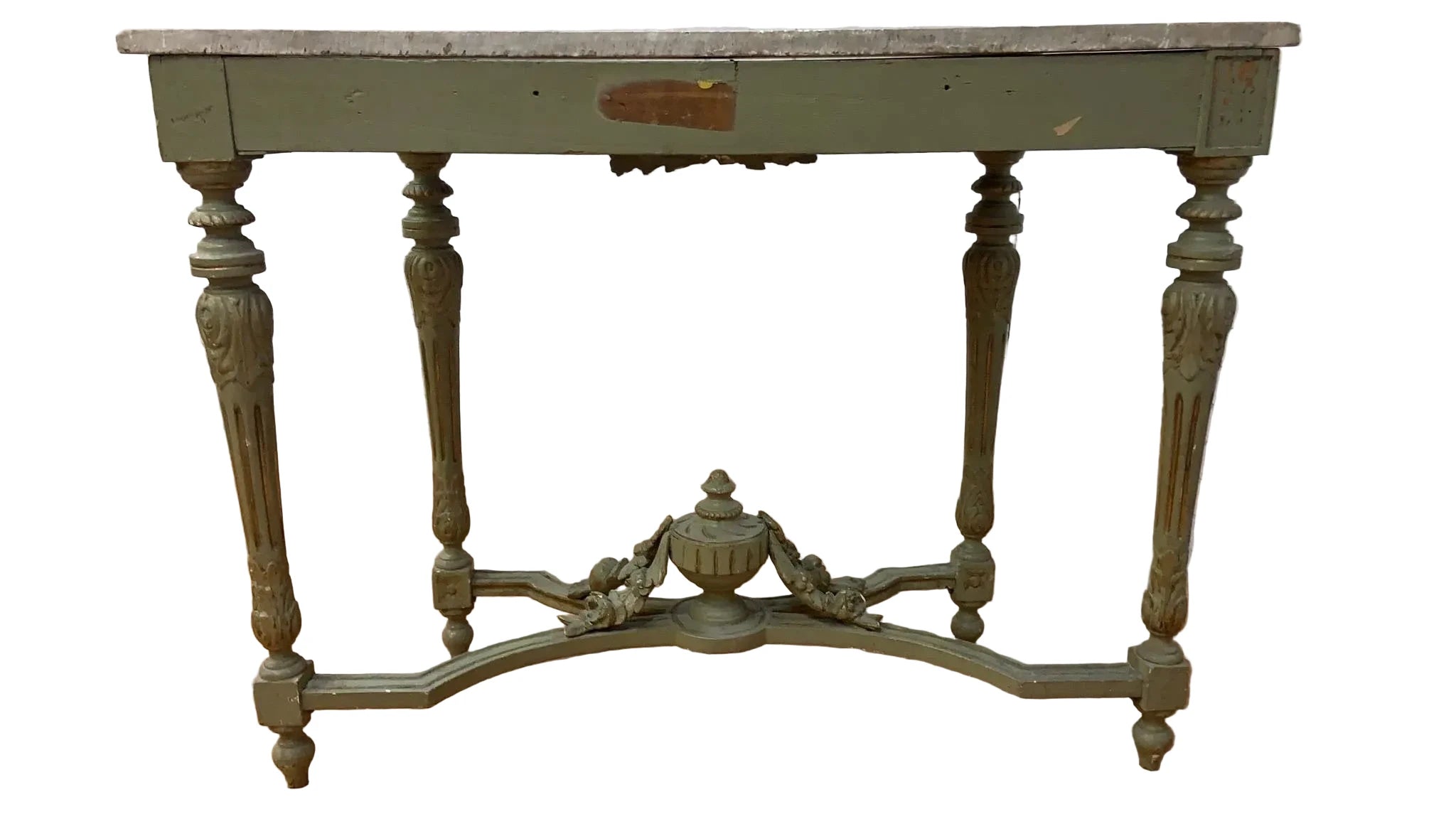 HOLD - Vintage Opulent French Neoclassical Green Painted Console Marble Top