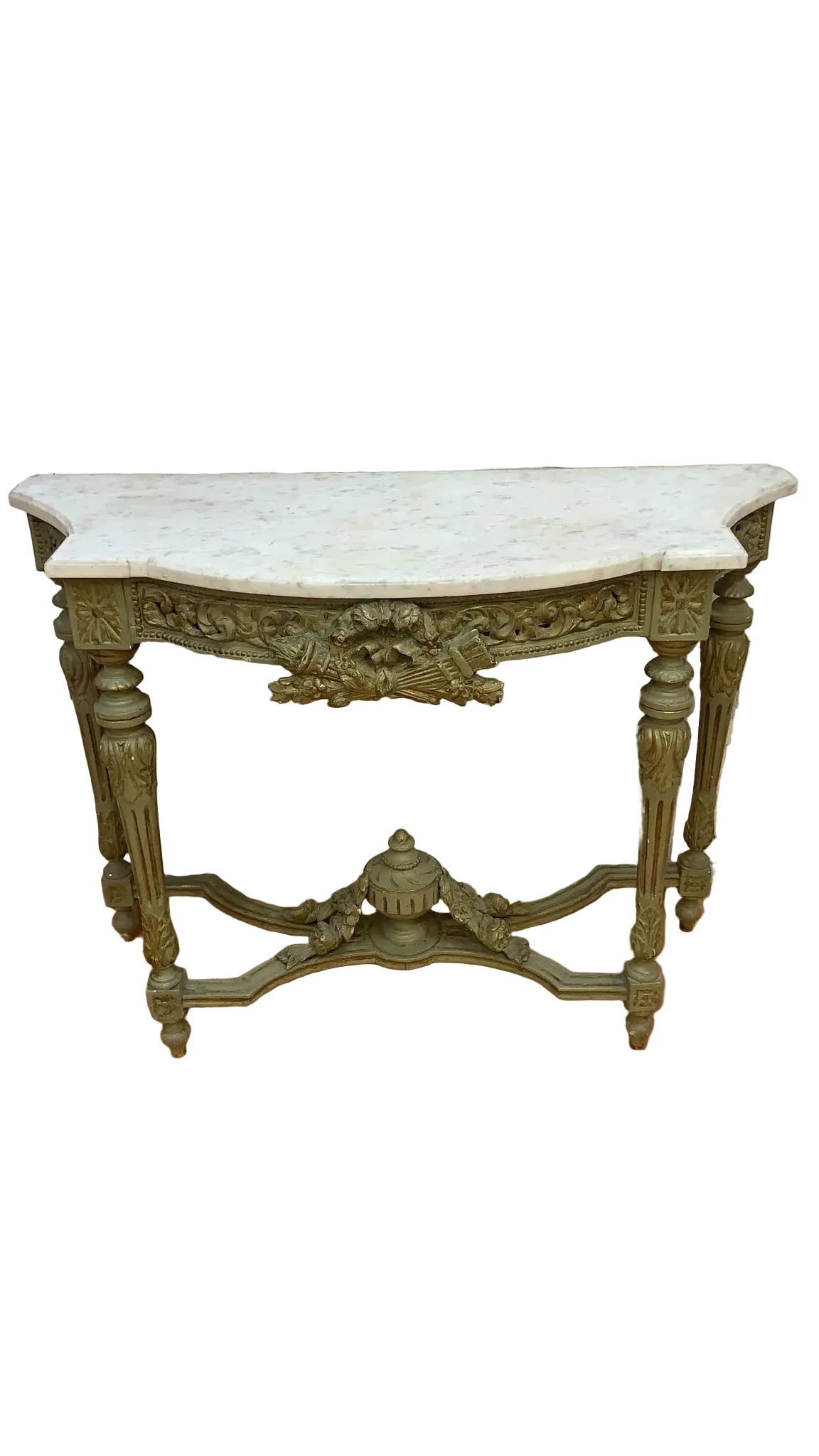 HOLD - Vintage Opulent French Neoclassical Green Painted Console Marble Top