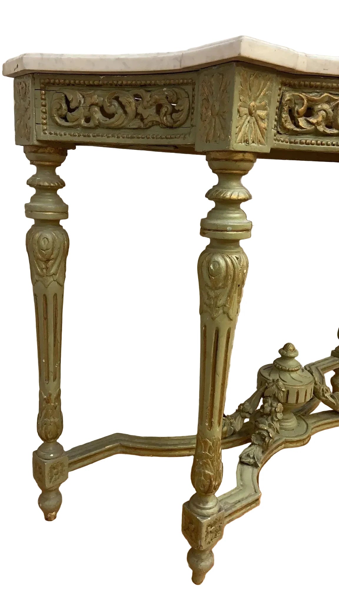 HOLD - Vintage Opulent French Neoclassical Green Painted Console Marble Top