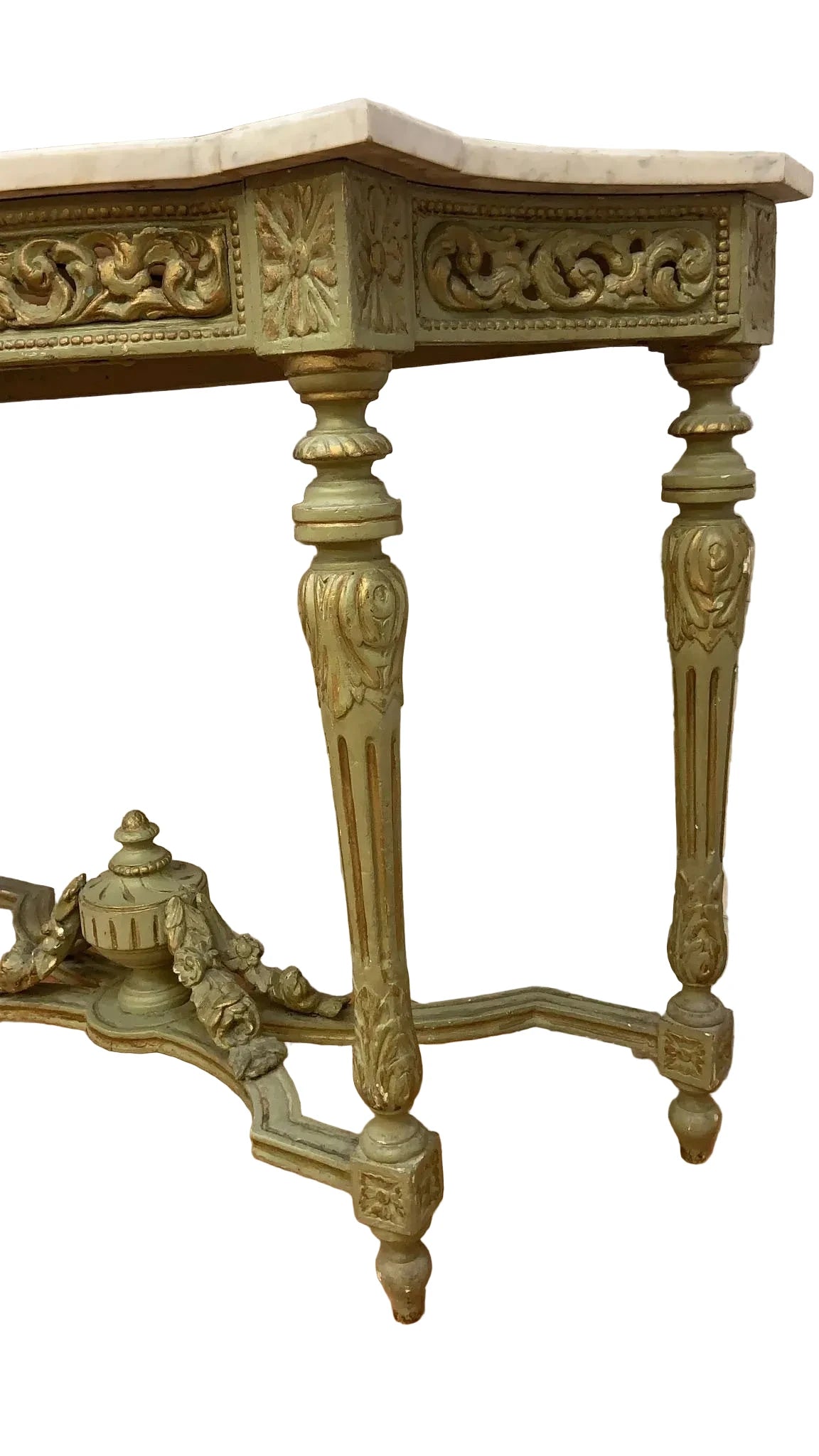 HOLD - Vintage Opulent French Neoclassical Green Painted Console Marble Top