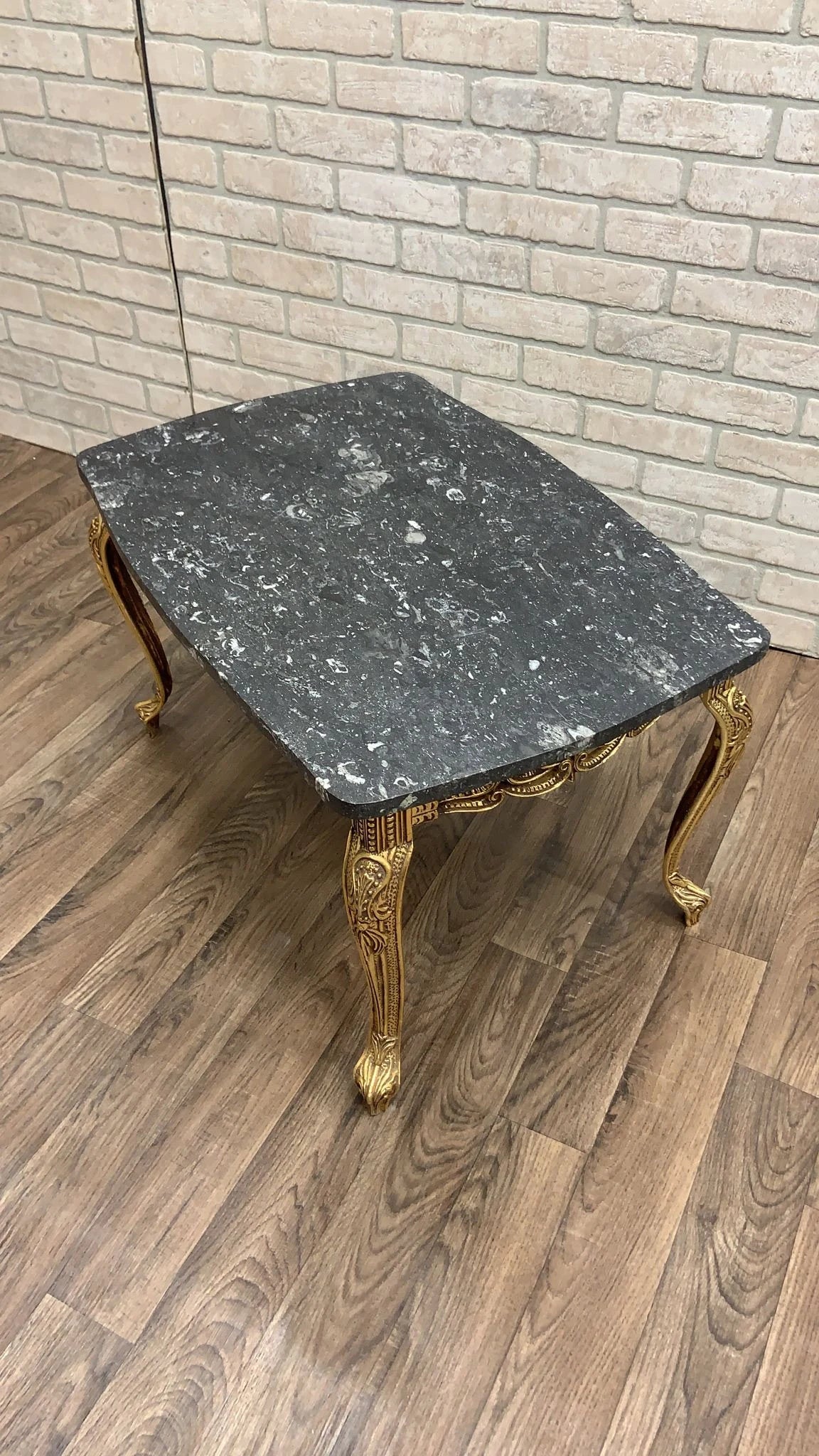 Vintage French Baroque Style Ornate Gilt-Bronze Base Marble Top Coffee Table with Round Marble Top Side-Table - Set of 2