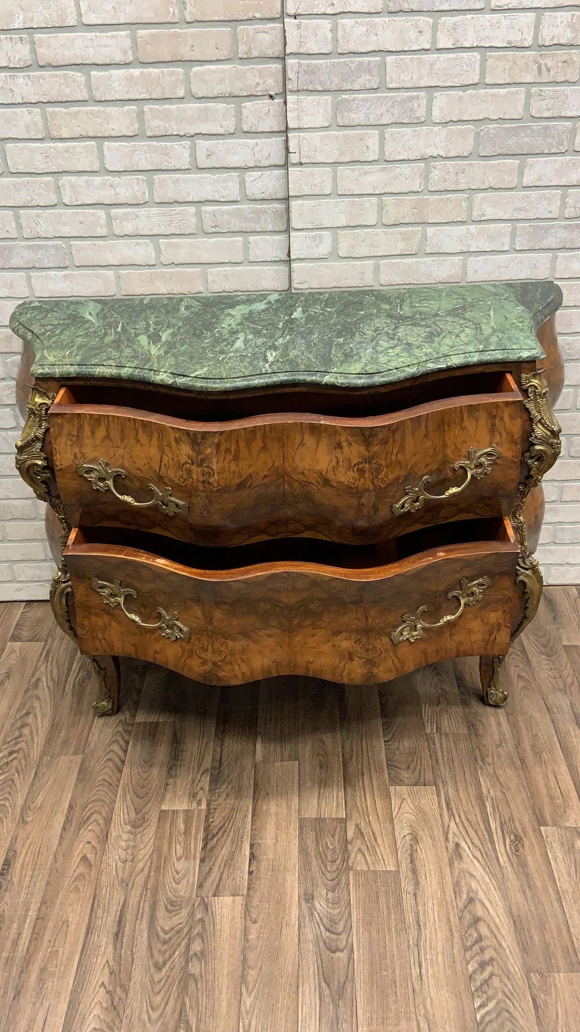 Vintage French Louis XV Style Bombe Commode Chest with Green Marble Style Top