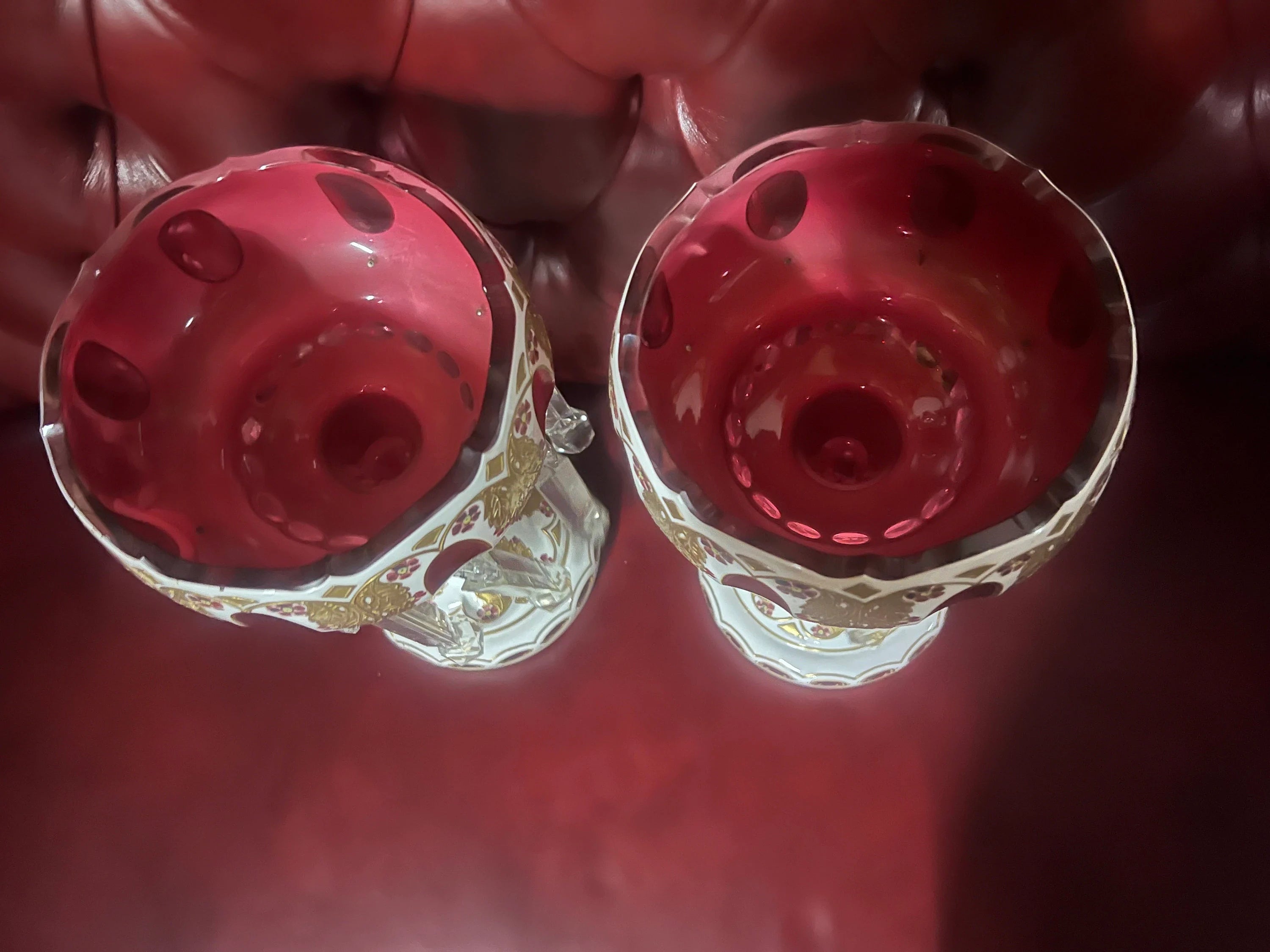 Antique Bohemian Cranberry Glass Candle Holders Lusters - Pair