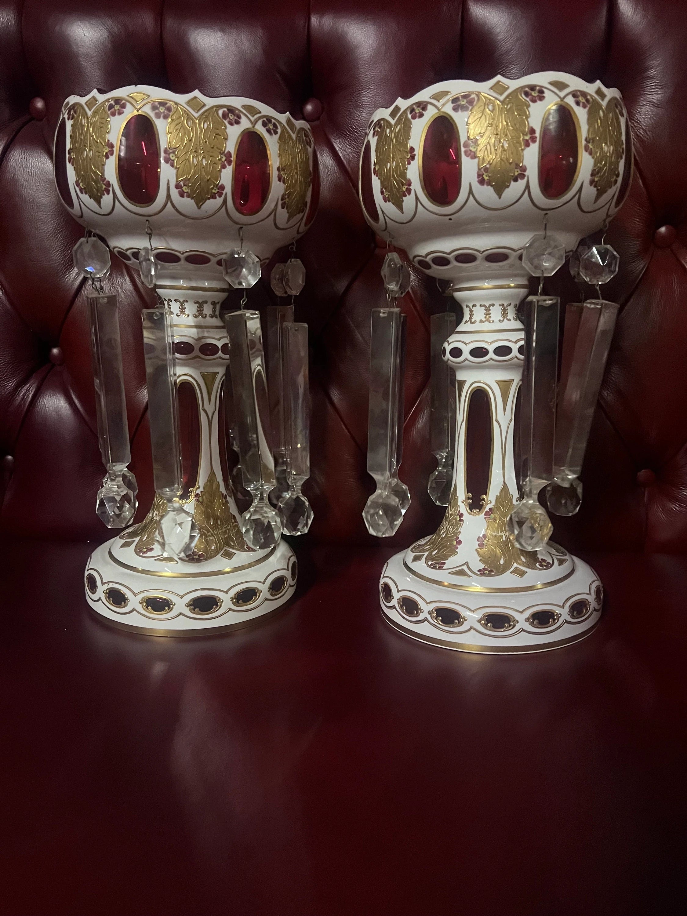 Antique Bohemian Cranberry Glass Candle Holders Lusters - Pair