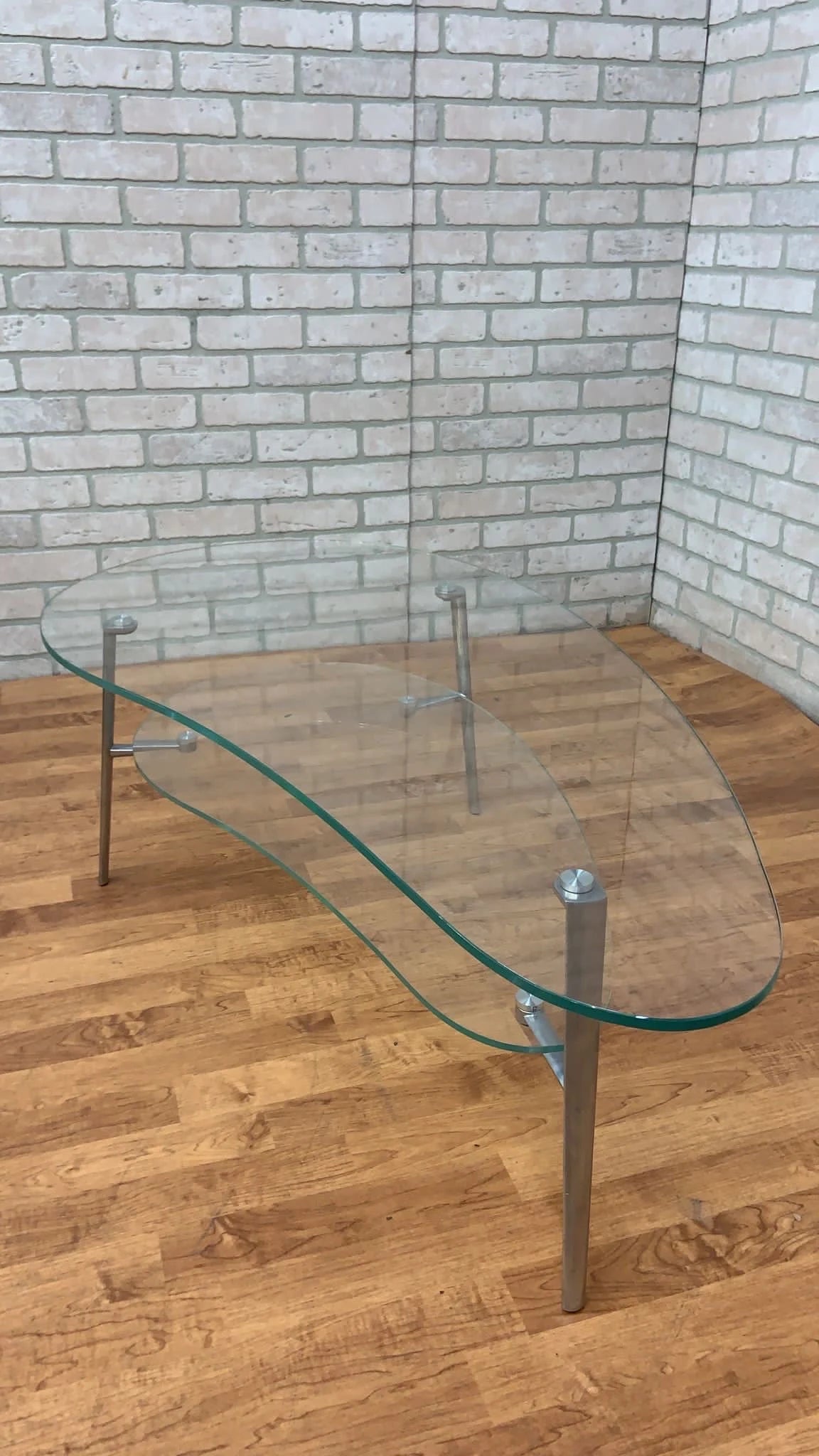 Modern Two-Tier Kidney Shape Glass and Metal Coffee Table