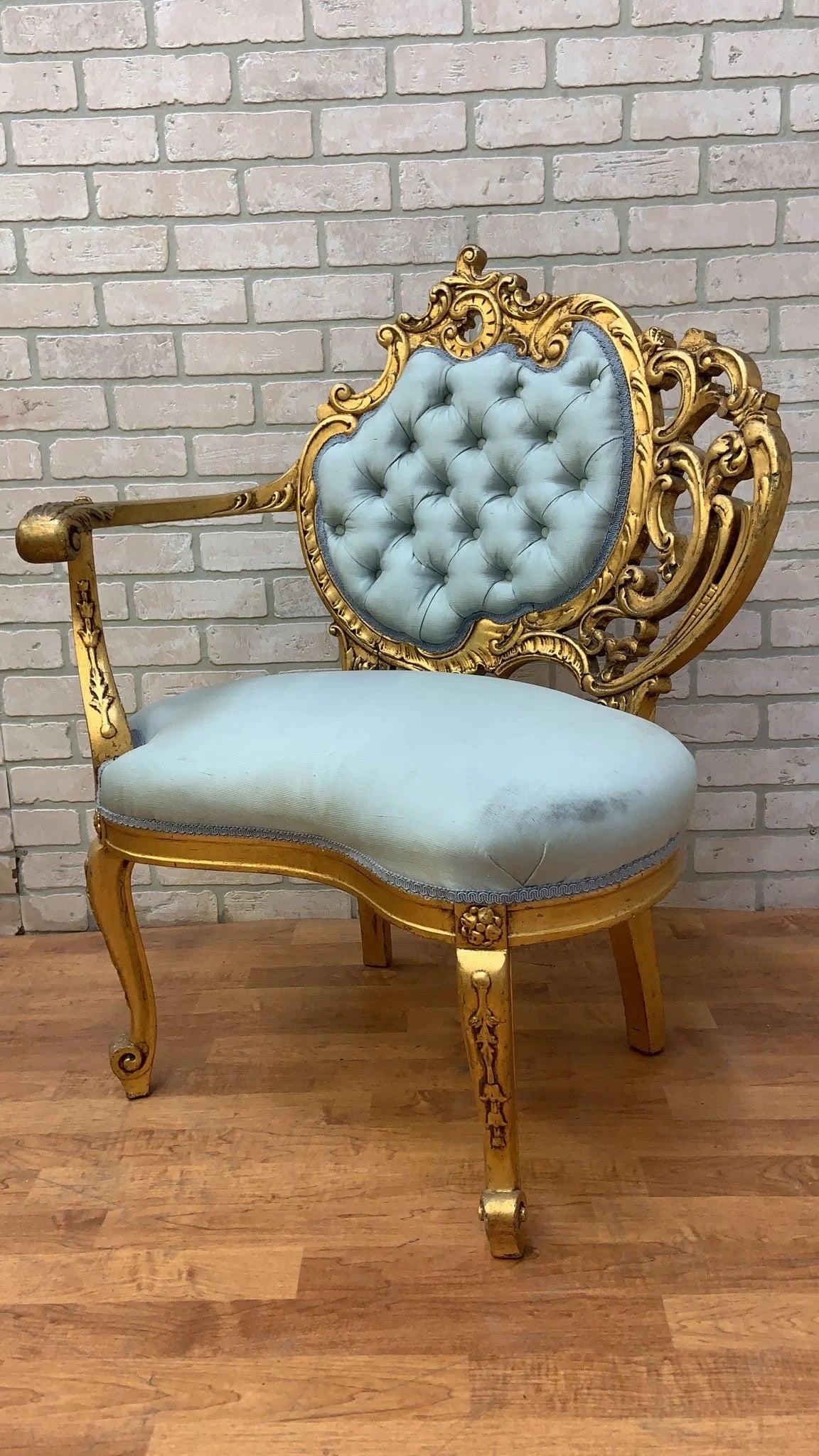 Vintage French Louis Style Carved Asymmetrical Gold-Gilded Baroque Revival Single Arm Accent Chair