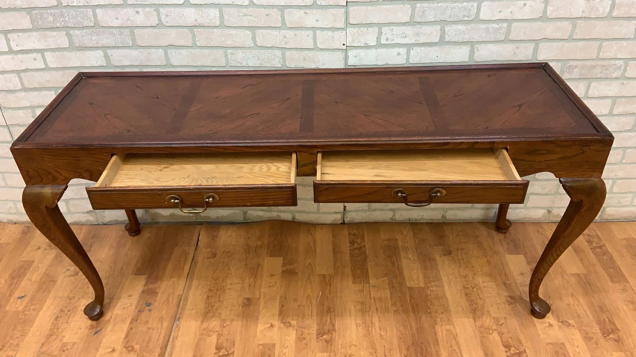 Vintage Drexel Chatham Oaks Collection Chippendale Style Solid Oak Console Table Desk