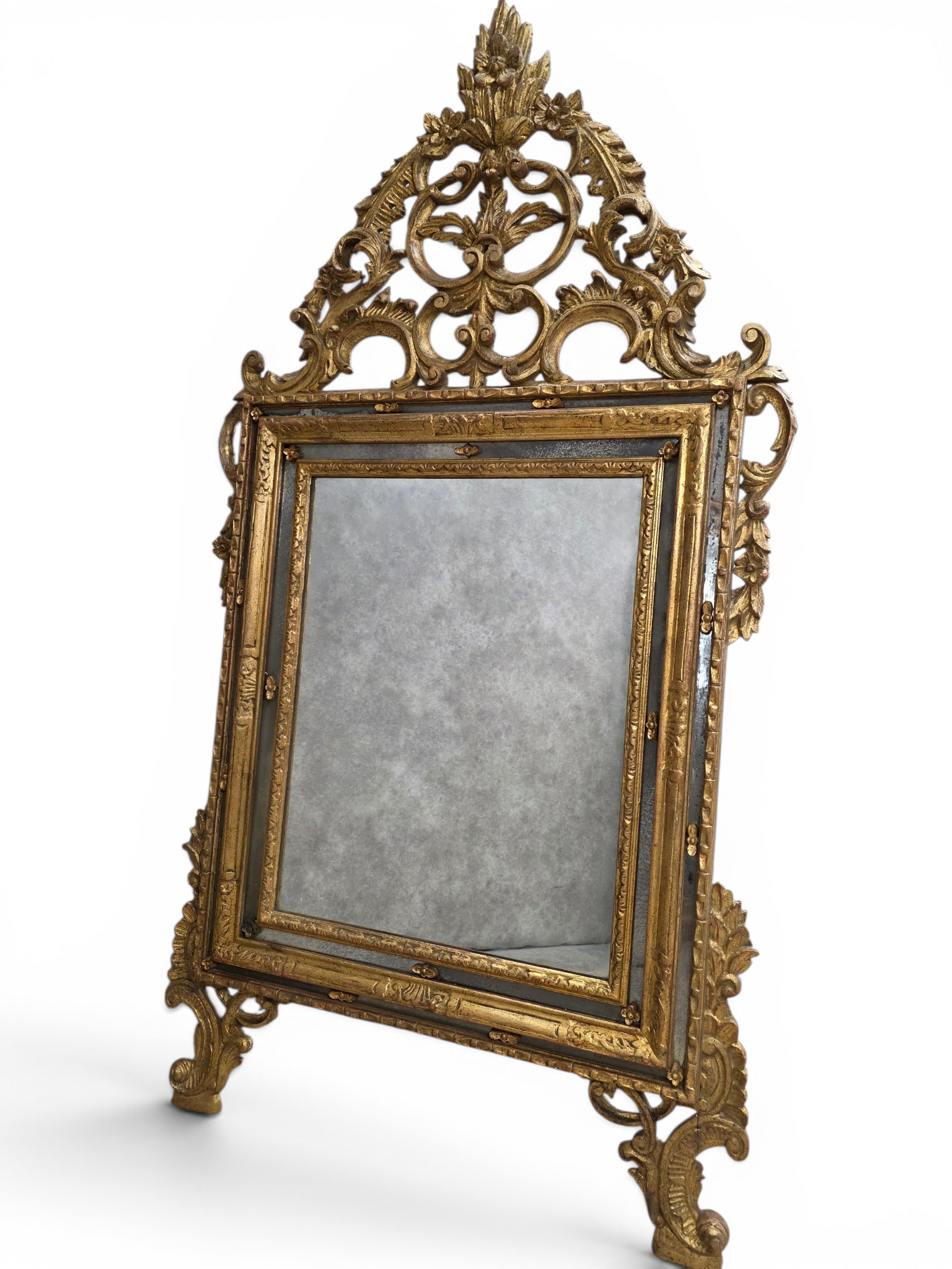 Large Italian Venetian Rococo Style Giltwood Wall Mirror with Mirrored Border