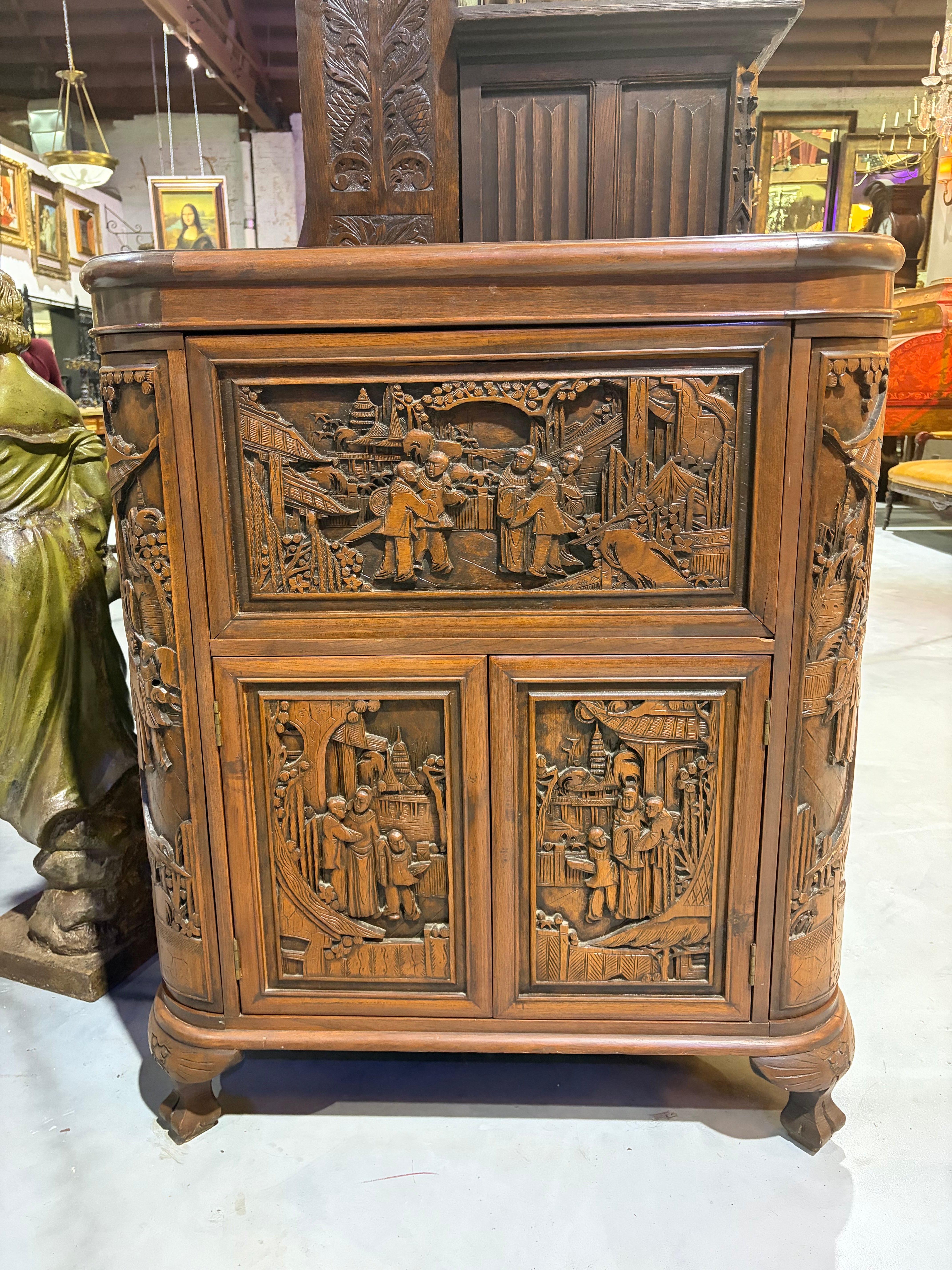 Chinese Carved Wood Bar Cabinet with Figural Panels