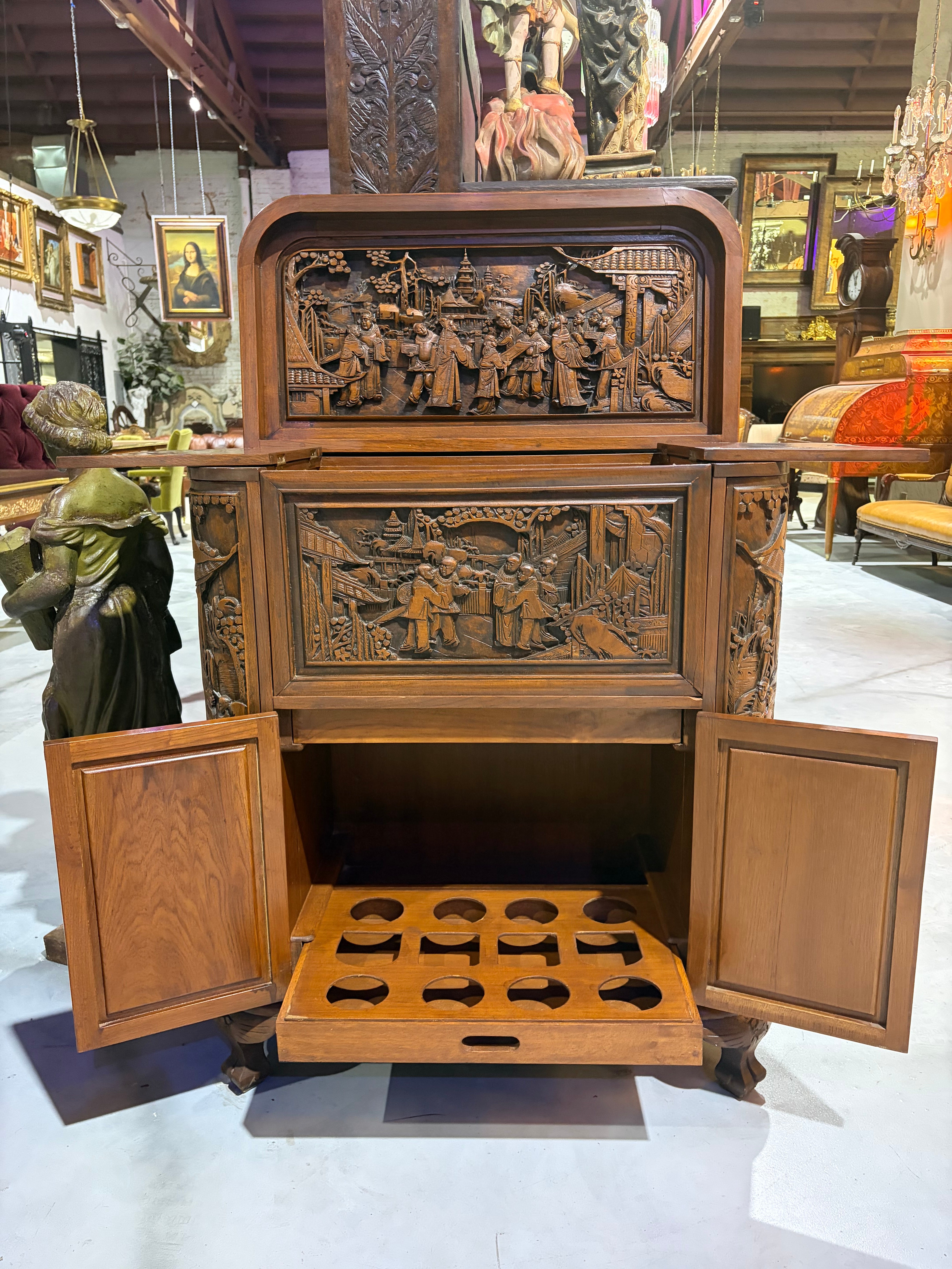 Chinese Carved Wood Bar Cabinet with Figural Panels