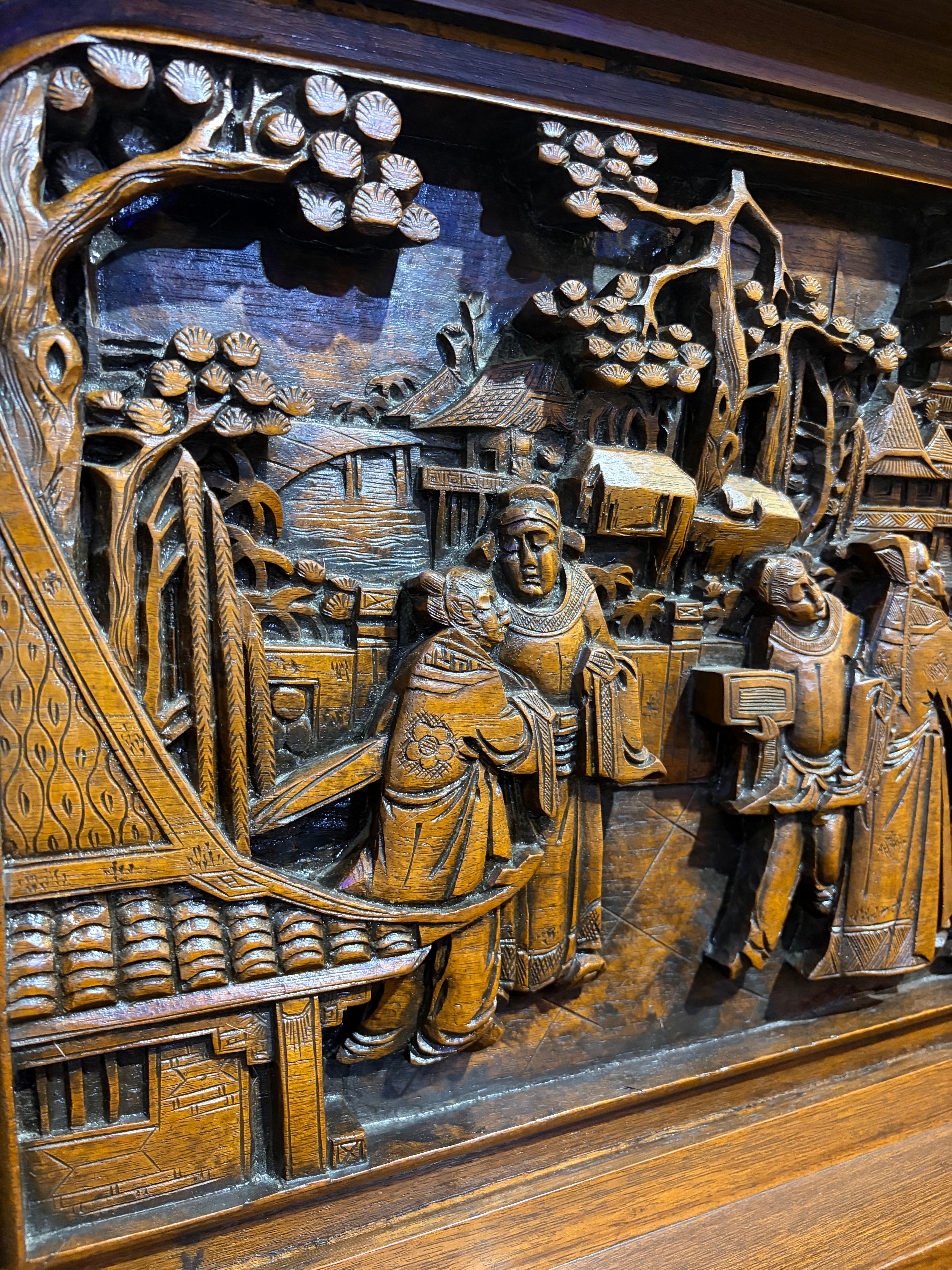 Chinese Carved Wood Bar Cabinet with Figural Panels