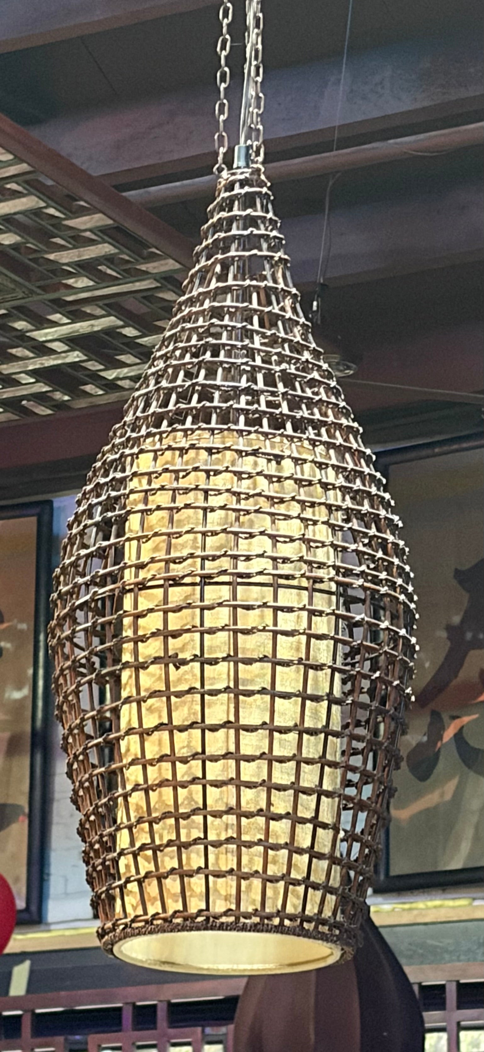 Rustic Woven Rattan Teardrop Pendant Light with Interior Fabric Shade - Set of 3
