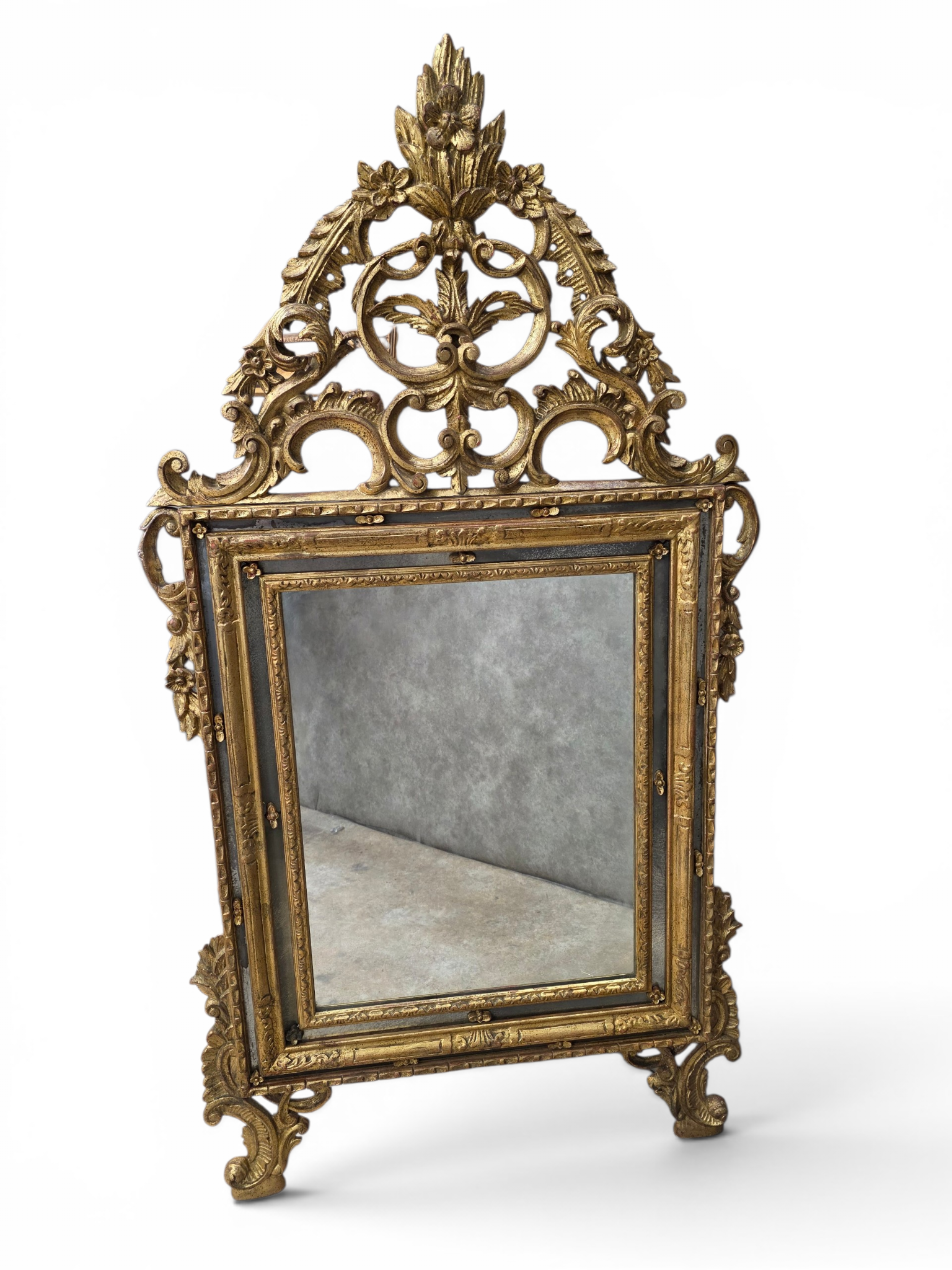 Large Italian Venetian Rococo Style Giltwood Wall Mirror with Mirrored Border