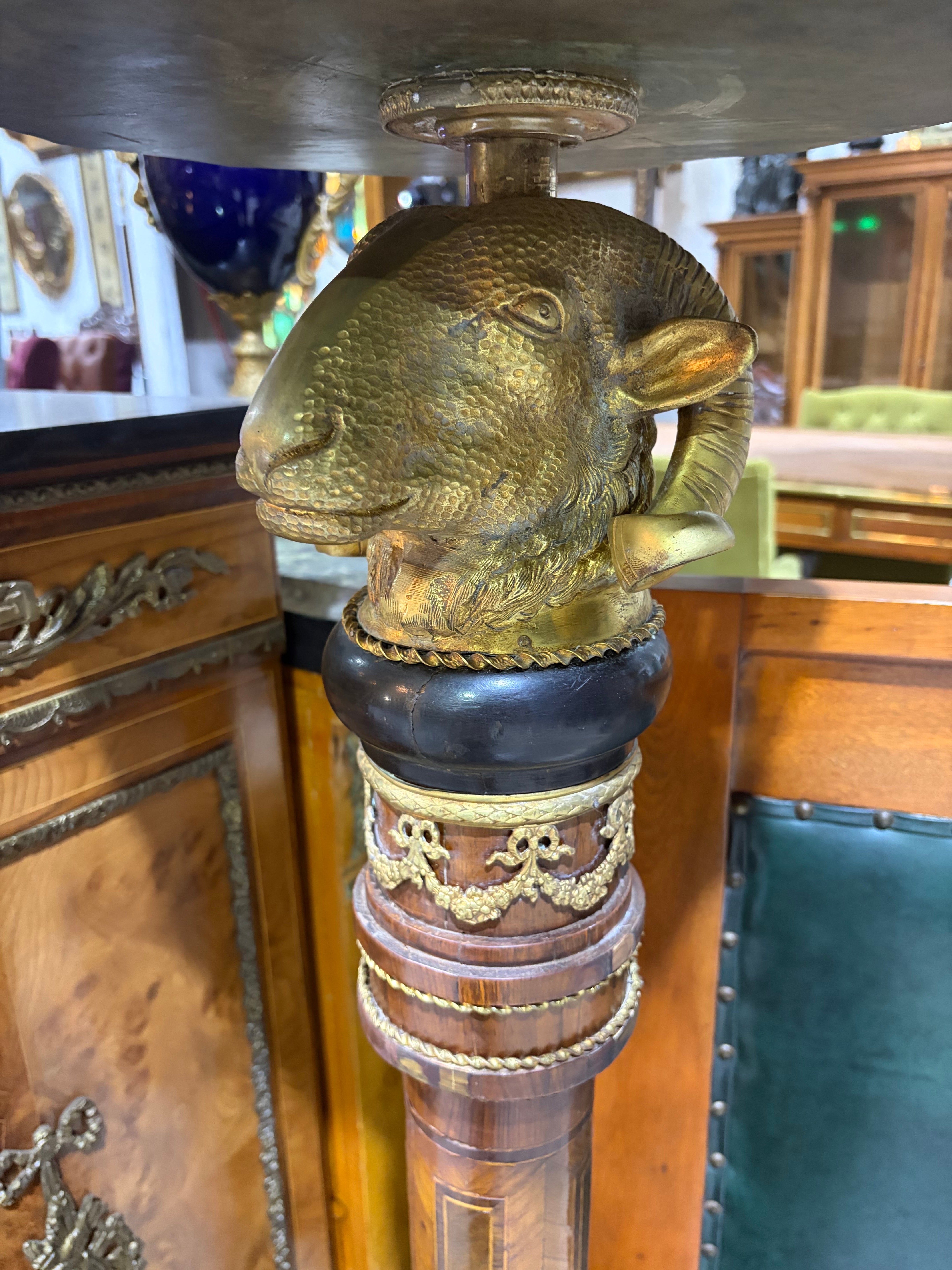 French Neoclassical Empire Revival Ram's Head Marble-Top Pedestals with Gilt-Bronze Mounts - Pair