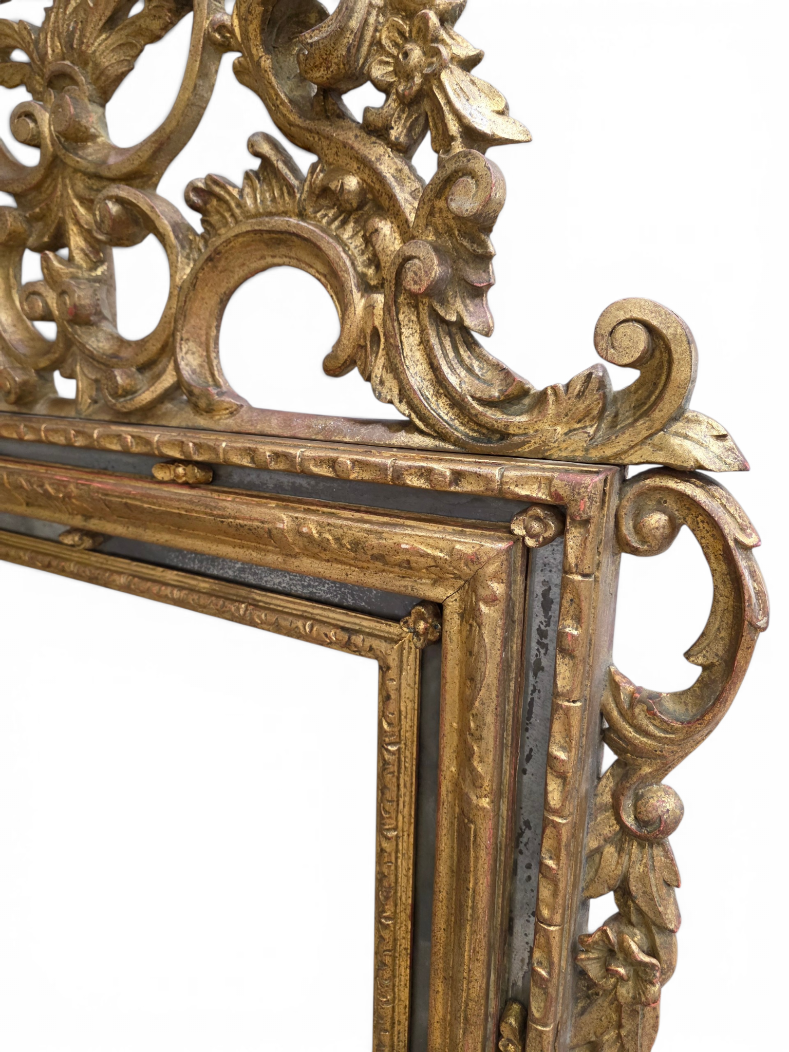 Large Italian Venetian Rococo Style Giltwood Wall Mirror with Mirrored Border