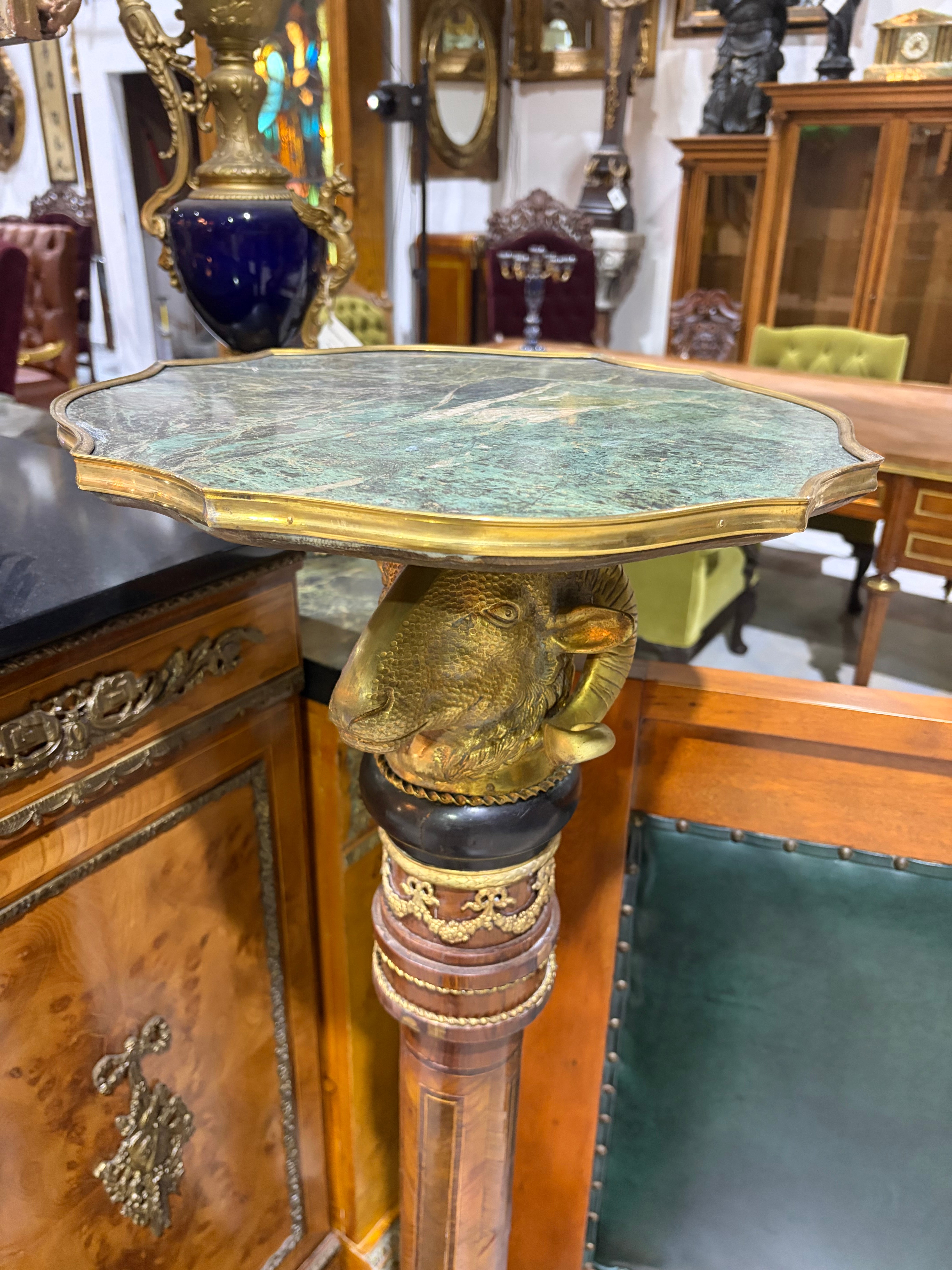 French Neoclassical Empire Revival Ram's Head Marble-Top Pedestals with Gilt-Bronze Mounts - Pair