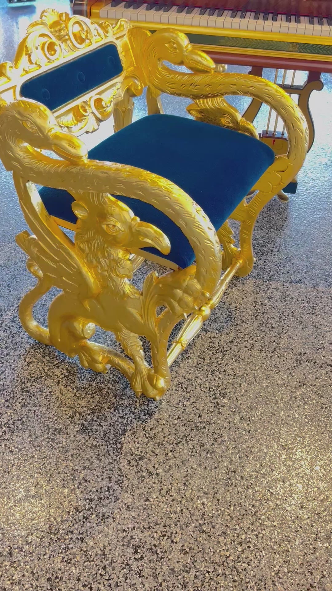 Antique Federal Style Carved Gold Gilt Swan and Eagle Carousel Bench Newly Reupholstered in Blue Mohair Seat