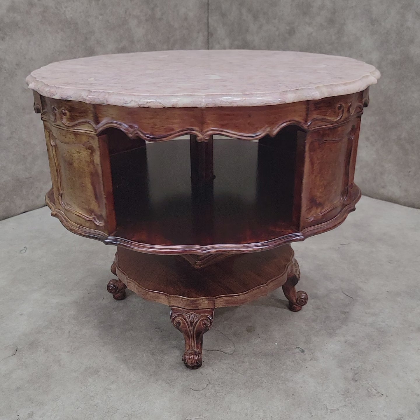 Antique French Victorian Rotating Pink Marble Top Drum Table